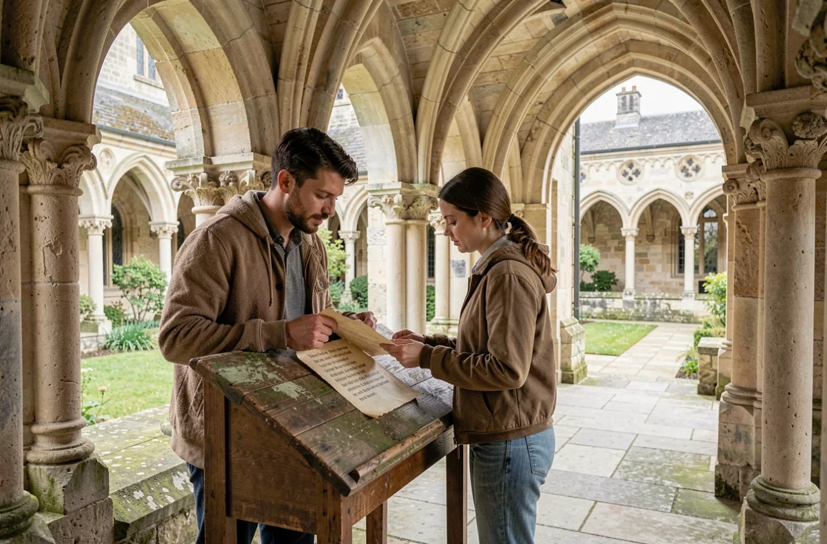Deux participants découvrant une énigme dans le cloître de l'Abbaye Royale du Moncel à Pontpoint