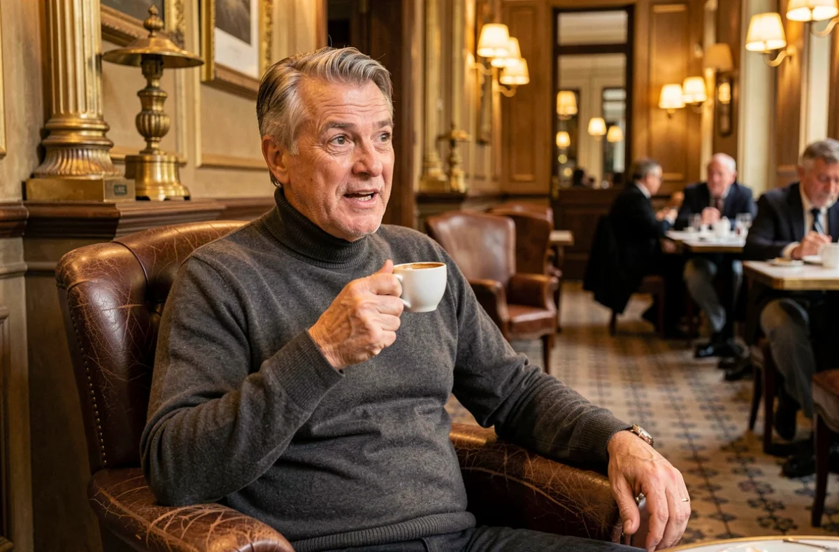 Acteur français reconnu attablé dans une brasserie parisienne traditionnelle