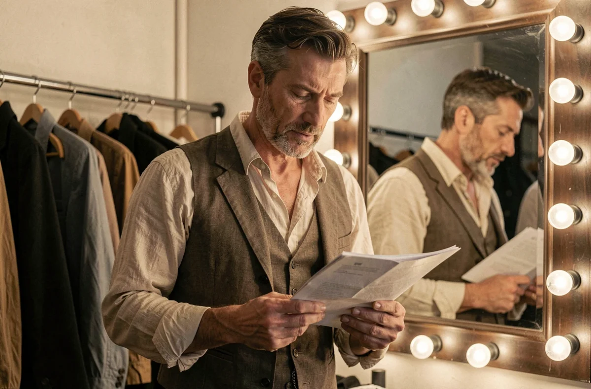 Acteur français en coulisses d'un théâtre parisien dans sa loge avant la représentation