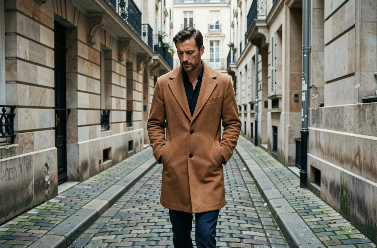 Acteur français contemporain se promenant dans une ruelle pavée du Marais à Paris