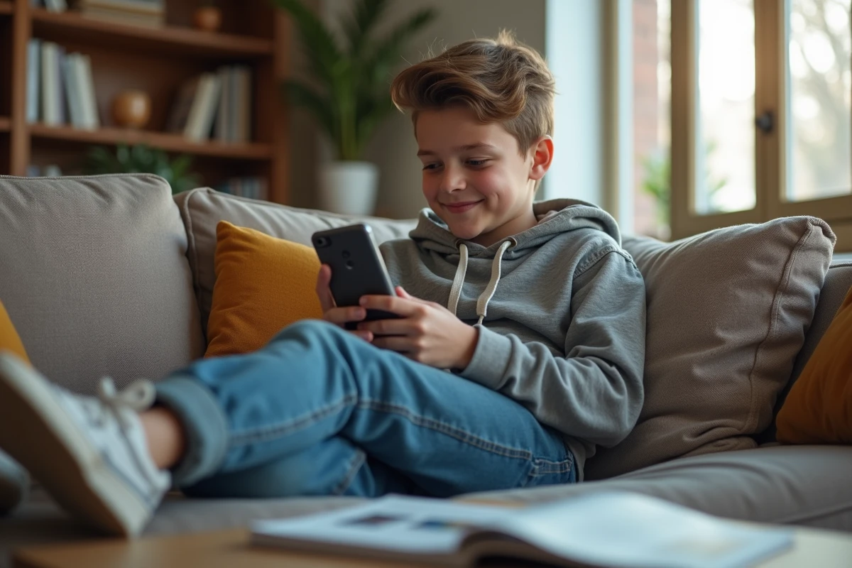 Adolescent détendu sur un canapé dans un salon lumineux