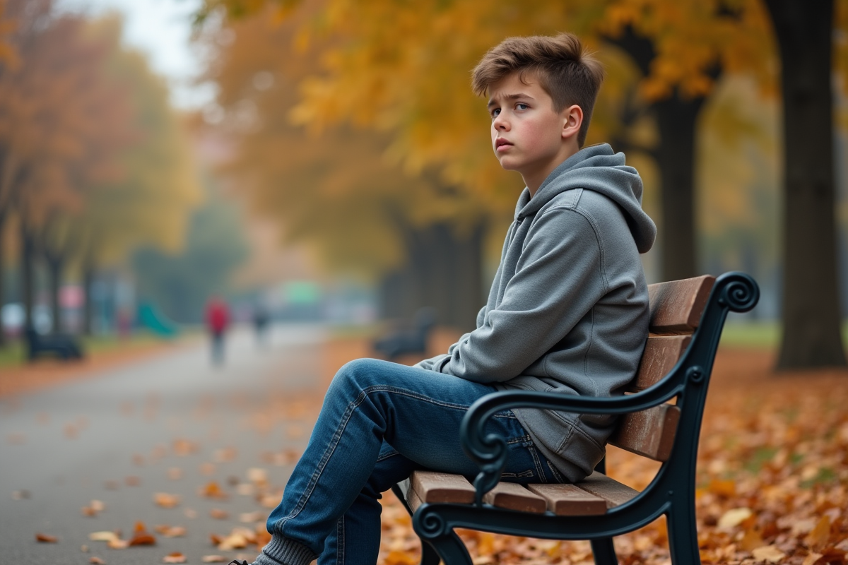 Adolescent assis sur un banc en automne