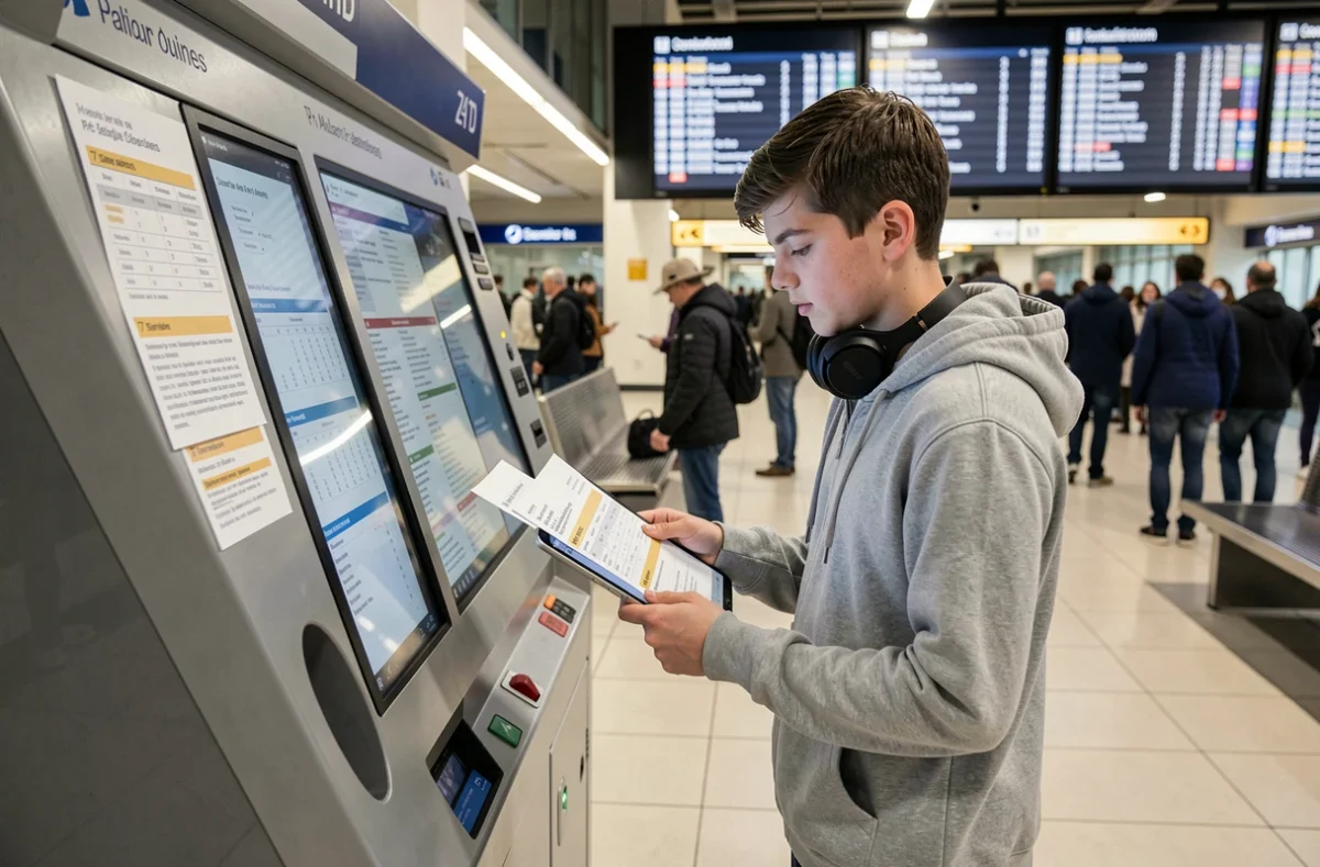 Adolescent comparant des fiches horaires papier avec une tablette dans une gare de transport en commun pour la ligne 378
