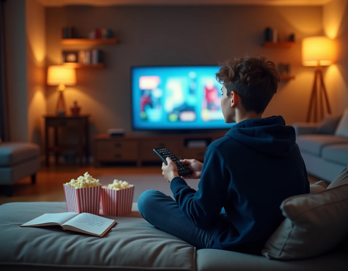 Adolescent planifiant l'ordre de visionnage des films Spider-Man Tom Holland devant sa télévision avec une liste de films