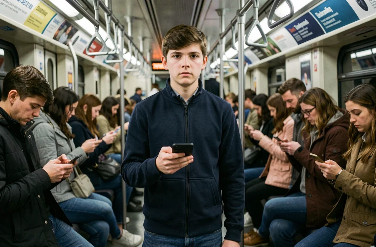 Adolescent pensif entouré de passagers sur leurs téléphones dans le métro, métaphore visuelle des dérives silencieuses de la société hyperconnectée