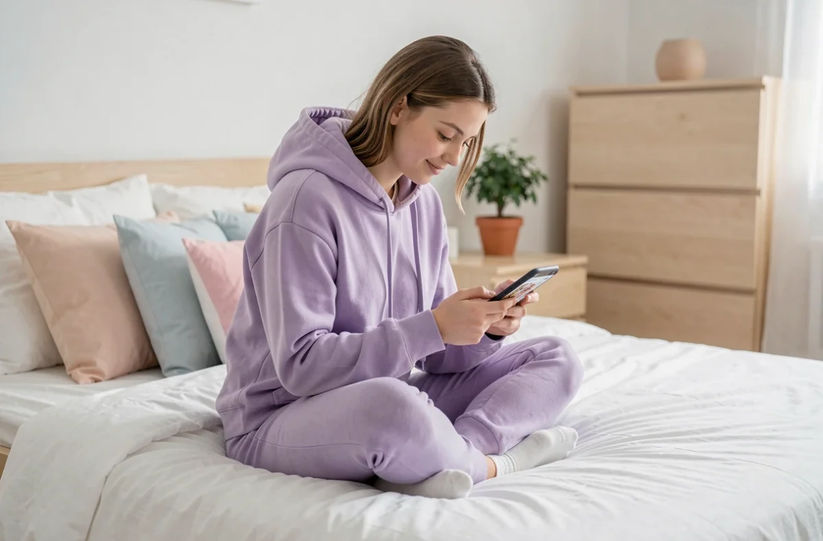 Adolescente lisant un scan manga sur smartphone assise en tailleur sur son lit dans une chambre pastel