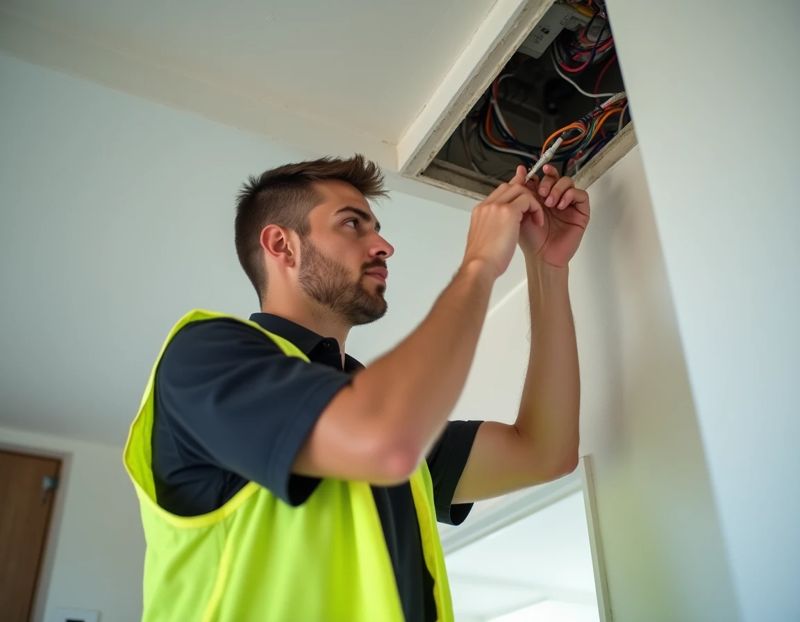 Technicien AJ Electricite raccordant des câbles dans un boîtier de plafond d'une maison neuve en Corrèze
