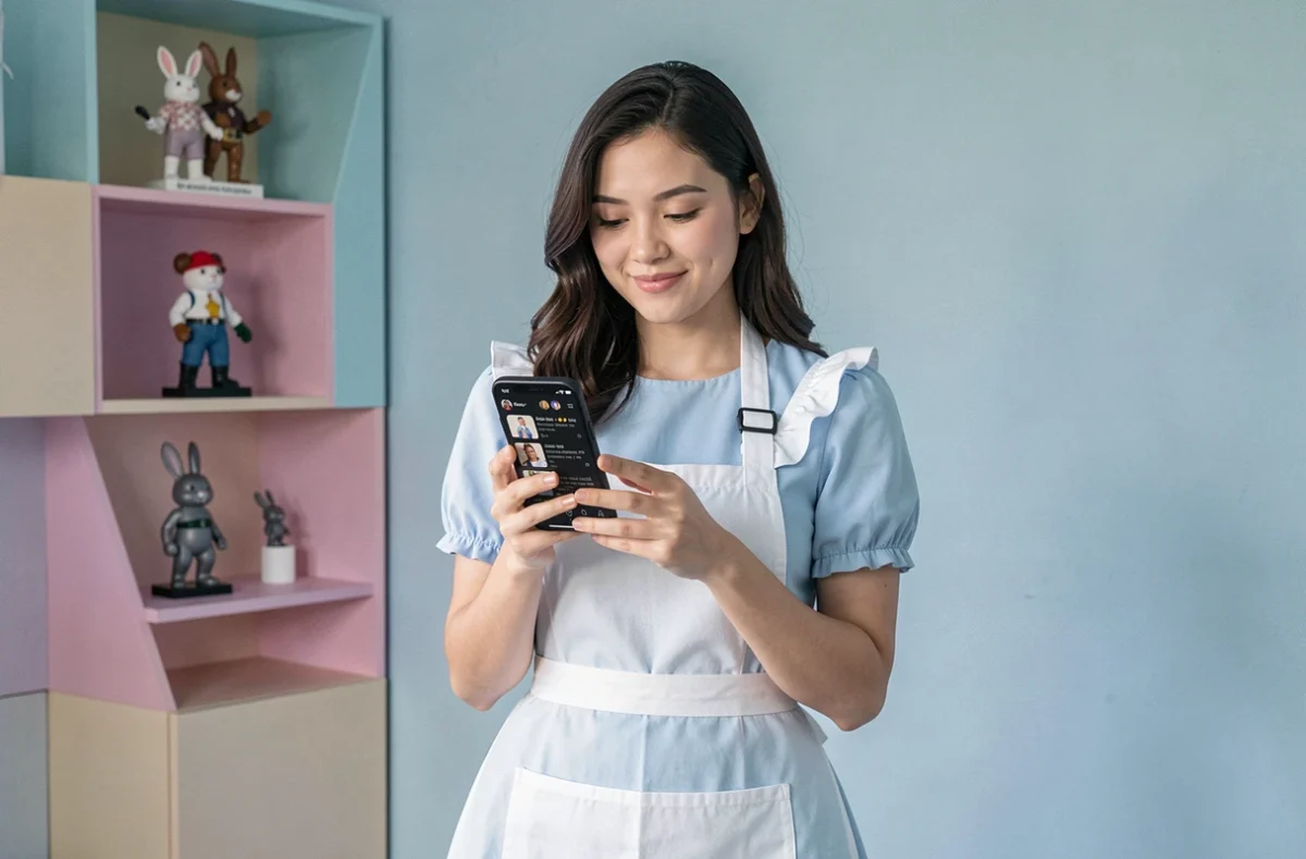 Jeune femme déguisée en Alice tenant un smartphone affichant des mèmes du Lapin Blanc dans un appartement moderne minimaliste
