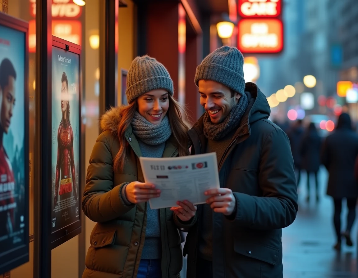 Deux amis devant une salle de cinéma consultant le programme des films Spider-Man pour organiser leur ordre de visionnage