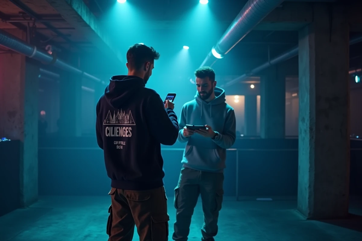 Deux amis en tenue streetwear près du DJ dans un club techno underground à Lille, ambiance soirée alternative