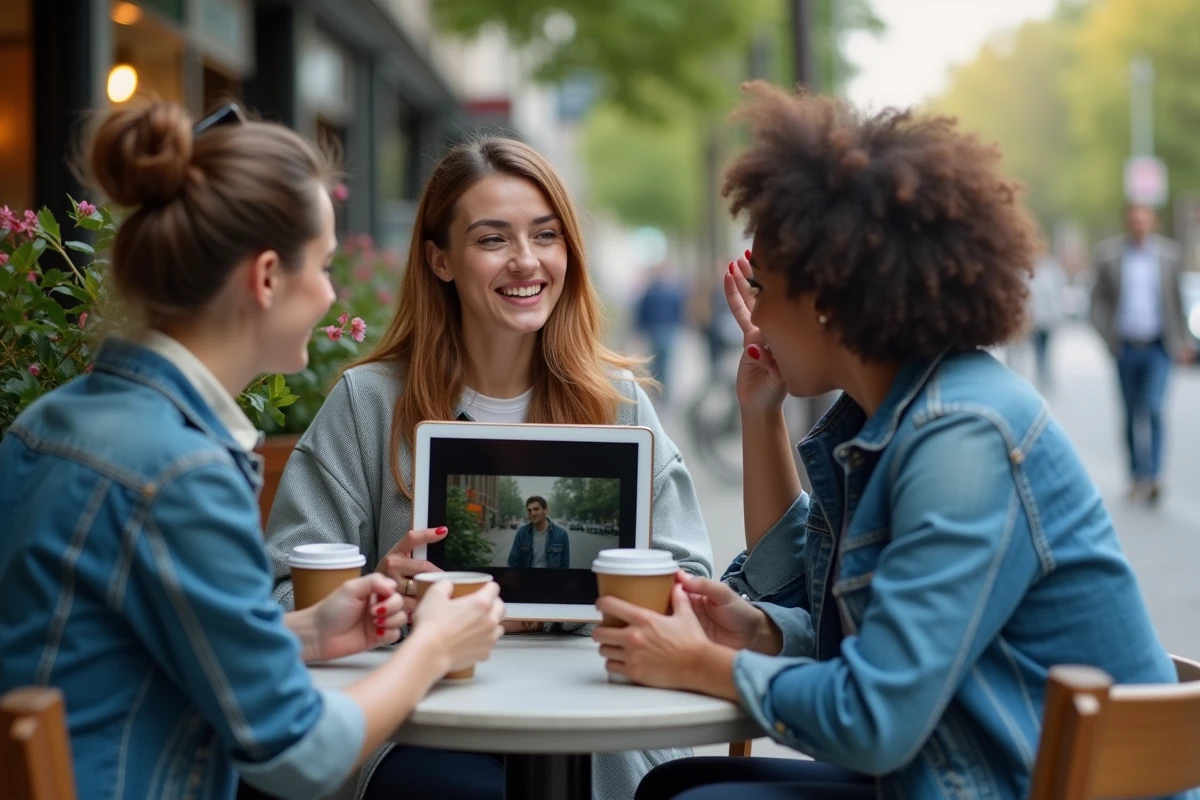 Trois amis discutant autour d un café en ville