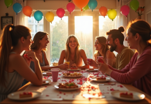 Groupe d'amis riant lors d'une fête dans un salon décoré