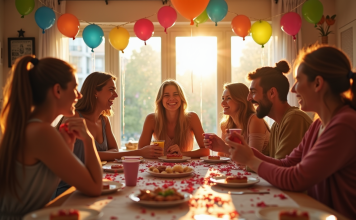 Groupe d'amis riant lors d'une fête dans un salon décoré