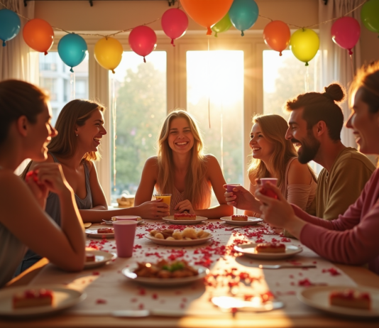 Groupe d'amis riant lors d'une fête dans un salon décoré