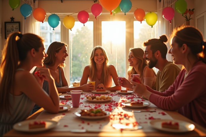 Groupe d'amis riant lors d'une fête dans un salon décoré