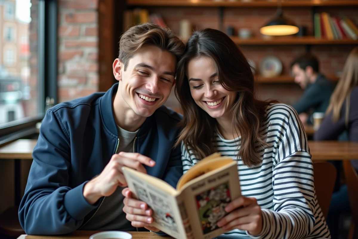 Deux amis partageant la lecture d'un volume manga One Piece dans un café urbain moderne