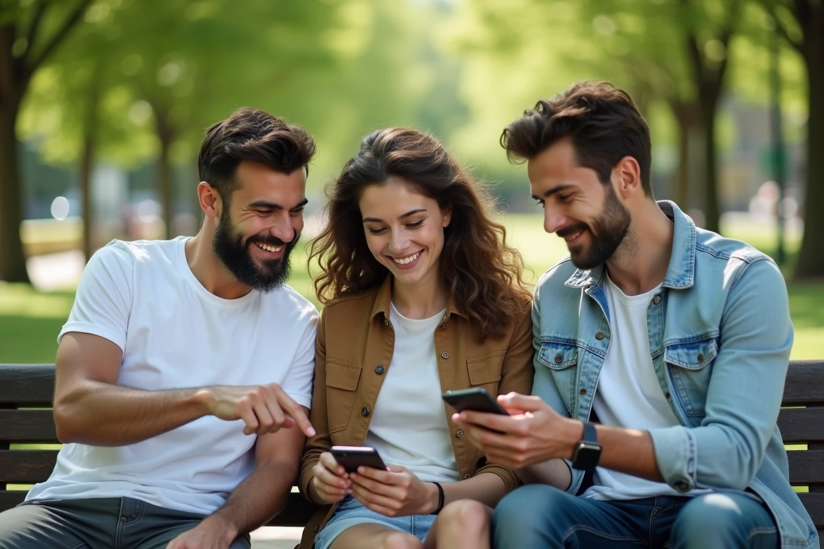 Trois amis dans un parc comparant les résultats d'un sondage WhatsApp pour organiser un voyage ensemble