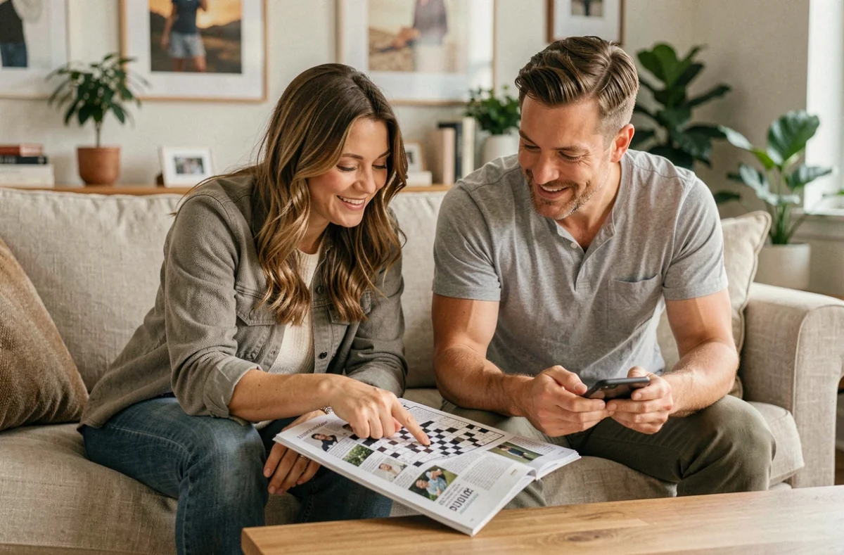 Deux amis résolvant ensemble une grille de mots fléchés avec un magazine et un smartphone dans un salon contemporain