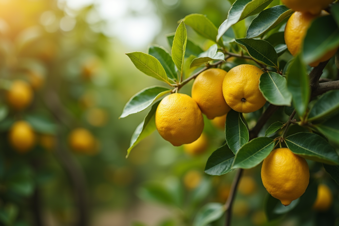 Plusieurs citronniers matures et jeunes en plein jour