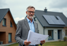 Architecte homme avec plans devant maisons modernes et traditionnelles