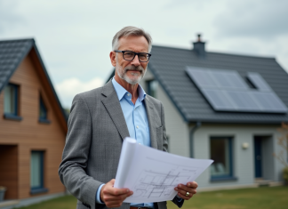 Architecte homme avec plans devant maisons modernes et traditionnelles