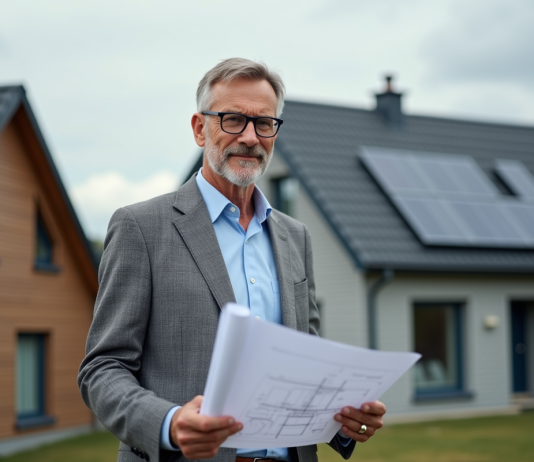 Différence RT2012 et RT 2020 : avantages, évolution & impacts Architecte homme avec plans devant maisons modernes et traditionnelles