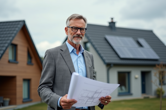 Architecte homme avec plans devant maisons modernes et traditionnelles
