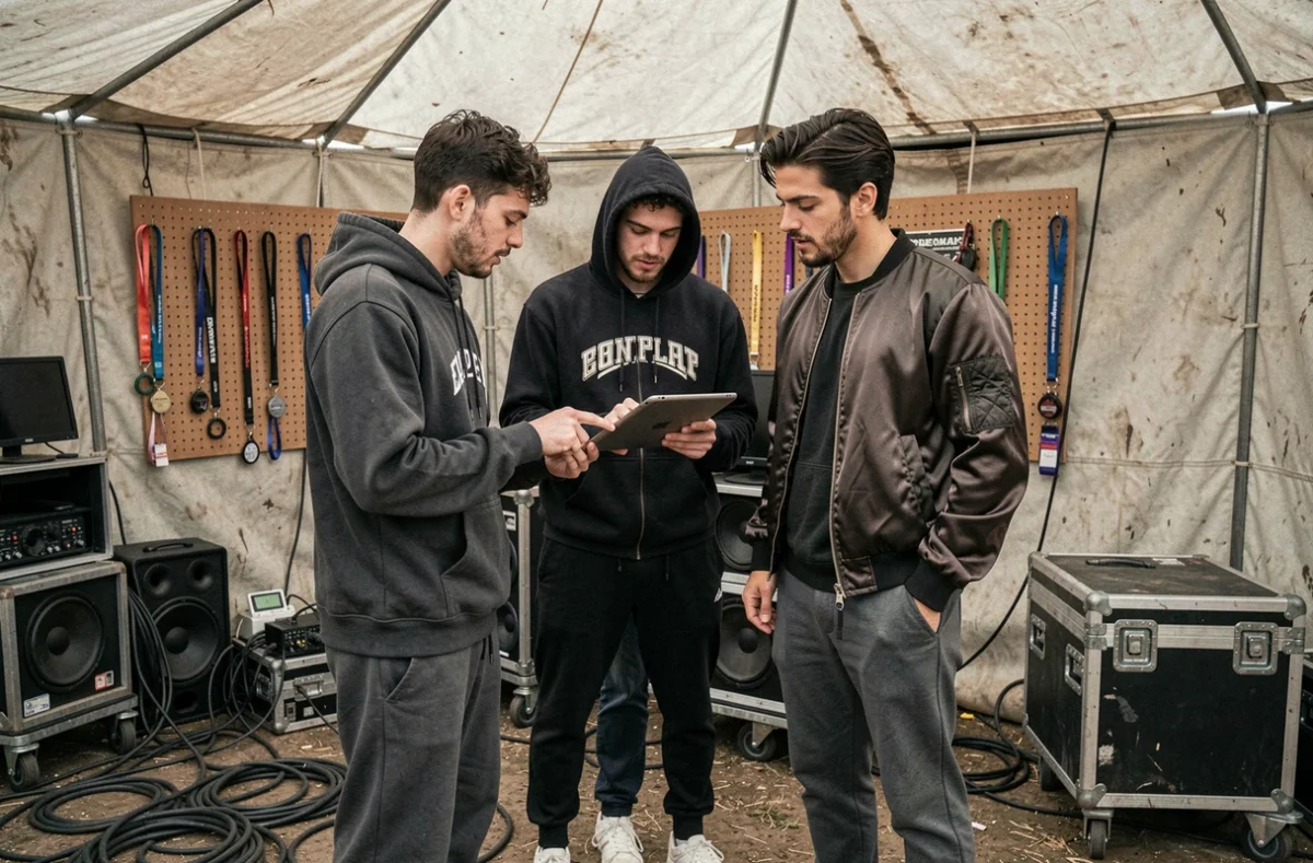 Trois artistes de festival en coulisses consultant une tablette avec des équipements de scène autour d'eux