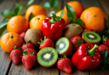 Assortiment de fruits riches en vitamine C sur une table en bois