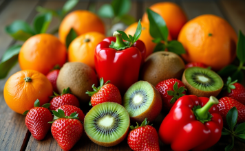 Assortiment de fruits riches en vitamine C sur une table en bois