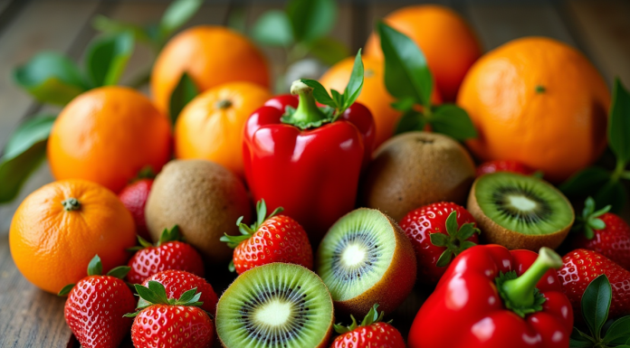 Assortiment de fruits riches en vitamine C sur une table en bois