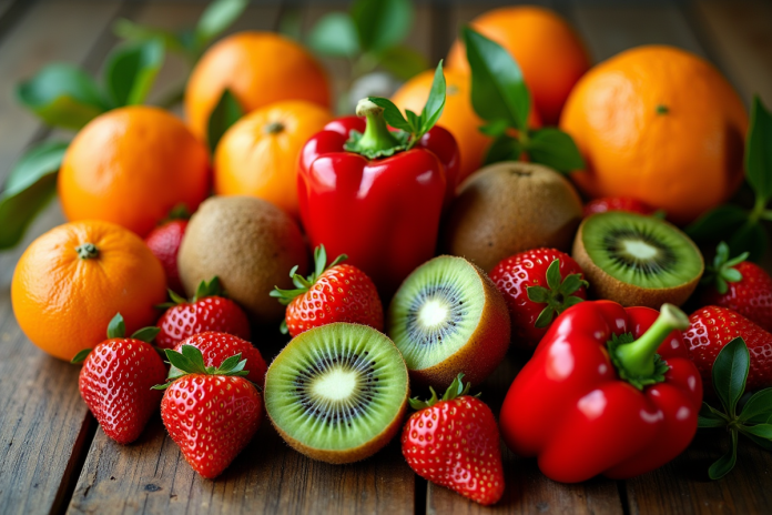 Assortiment de fruits riches en vitamine C sur une table en bois