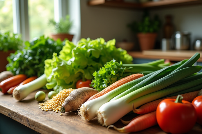 Assortiment de légumes frais commençant par L sur une table en bois
