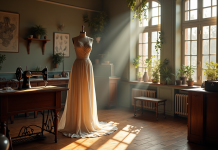 Atelier couture vintage avec mannequin et croquis anciens