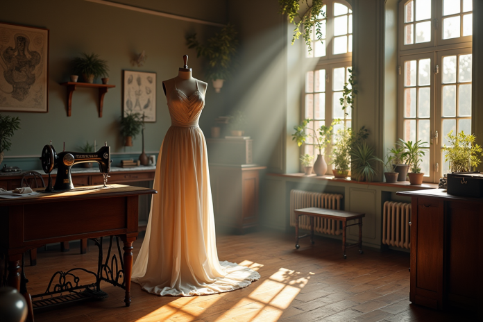 Atelier couture vintage avec mannequin et croquis anciens