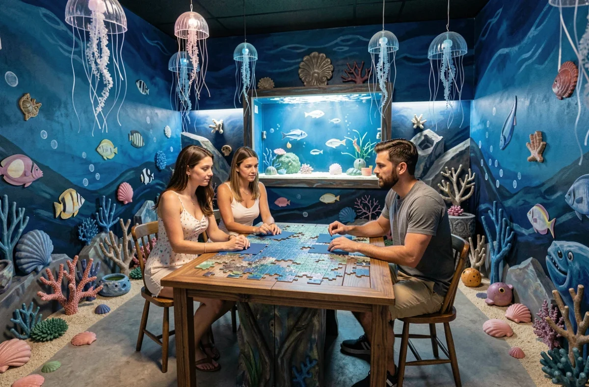 Groupe immergé dans le décor sous-marin de l'escape game Atlantide à Chantilly