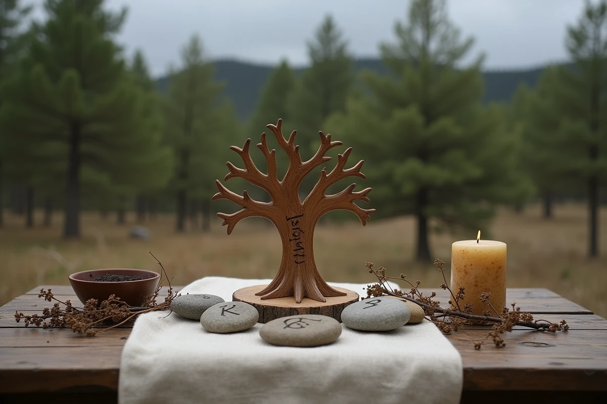 Autel néopaïen en bois avec figurine d'arbre monde, runes Futhark et objets rituels nordiques disposés en forêt, référence à l'Yggdrasil