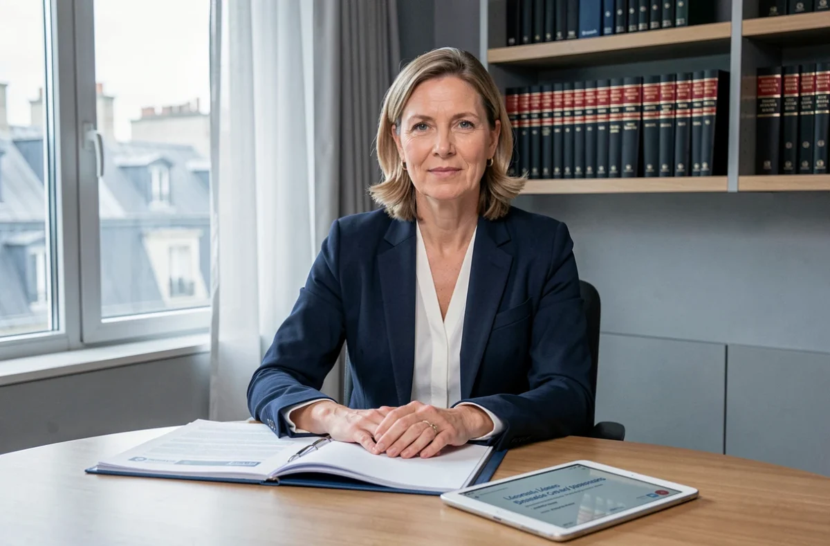 Avocate française examinant des documents juridiques relatifs à la législation sur le téléchargement et le droit d'auteur en 2026