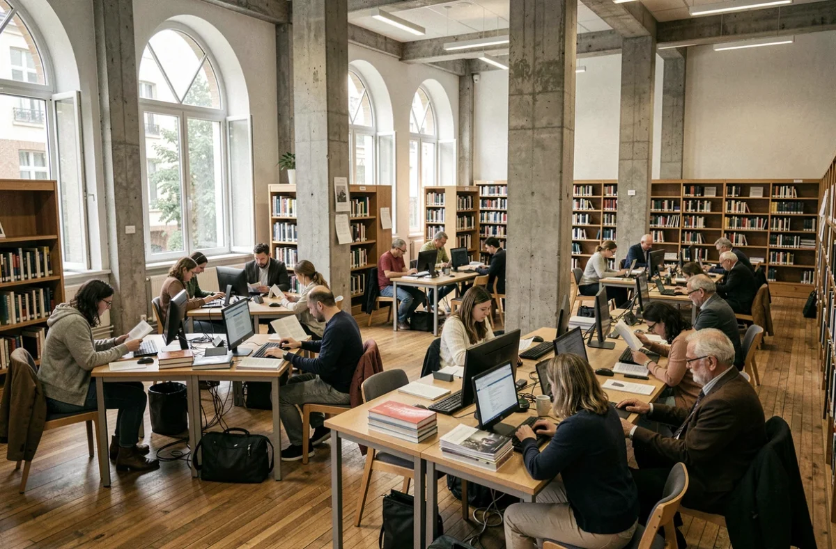 Salle de lecture d'une bibliothèque publique française avec des usagers effectuant des recherches sur la légalité du streaming et du téléchargement en ligne