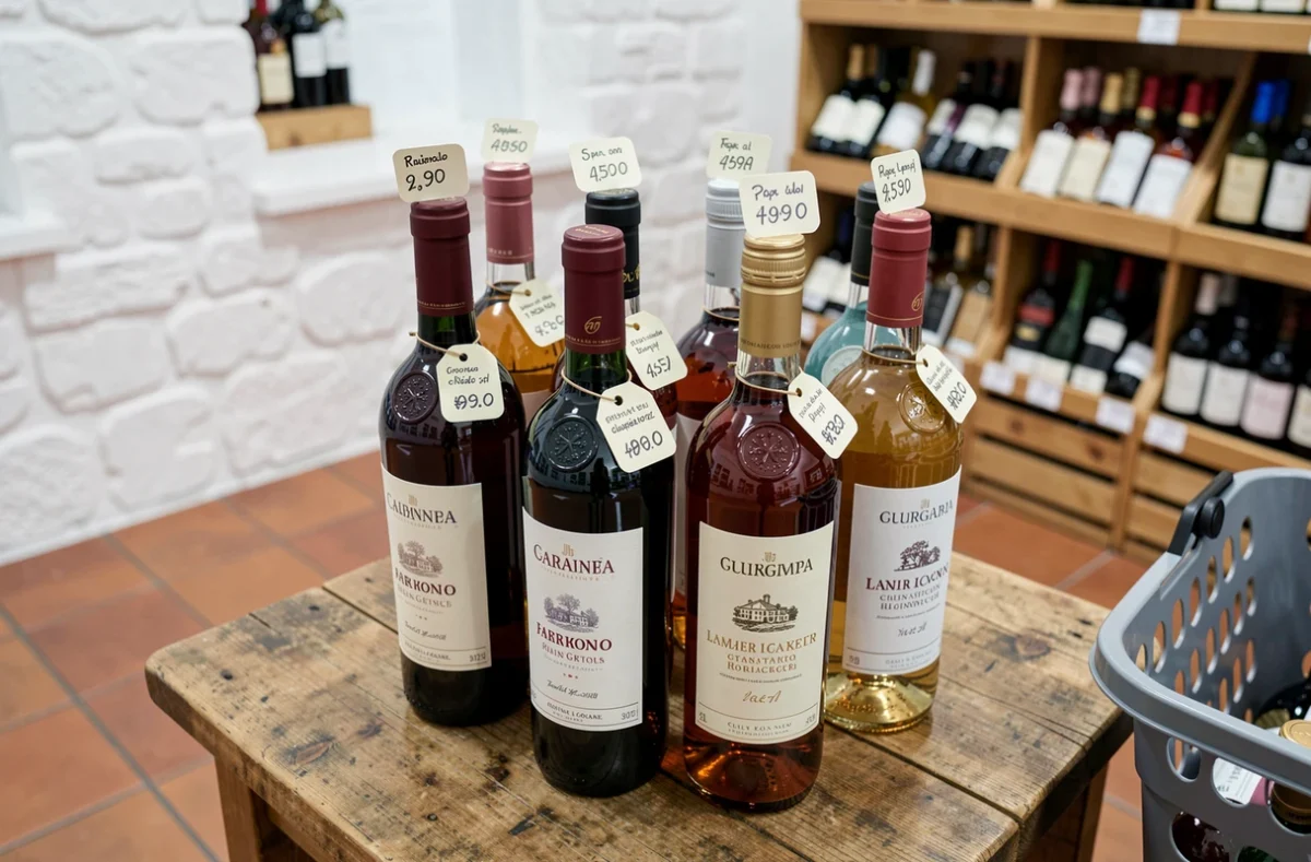Bouteilles de vin et de spiritueux avec étiquettes de prix dans une boutique hors-taxes espagnole