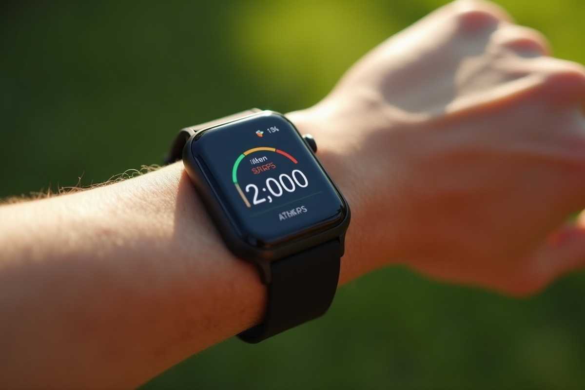 Poignet avec un tracker dactivite affichant 12000 pas