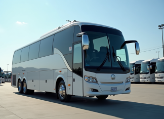 Bus d'occasion stationnement dans un dépôt en plein jour