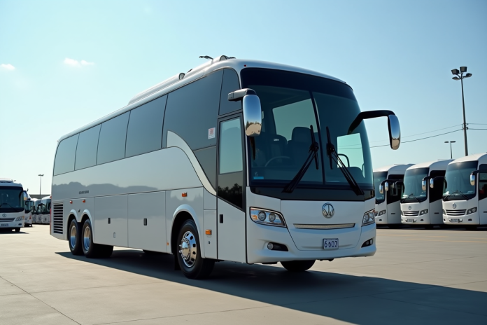 Bus d'occasion stationnement dans un dépôt en plein jour