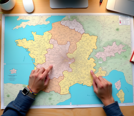 Carte colorée de Lille avec codes postaux sur un bureau lumineux
