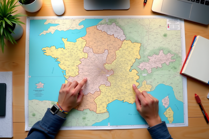 Carte colorée de Lille avec codes postaux sur un bureau lumineux