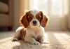 Chiot cavalier king charles sur tapis beige lumineux