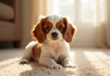 Chiot cavalier king charles sur tapis beige lumineux