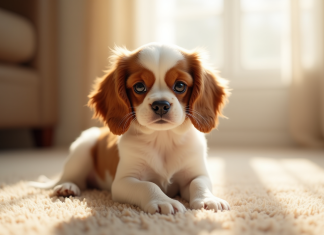 Pourquoi le cavalier King Charles nain est-il si populaire Chiot cavalier king charles sur tapis beige lumineux