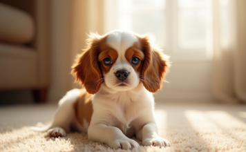 Chiot cavalier king charles sur tapis beige lumineux