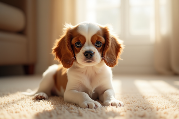 Chiot cavalier king charles sur tapis beige lumineux